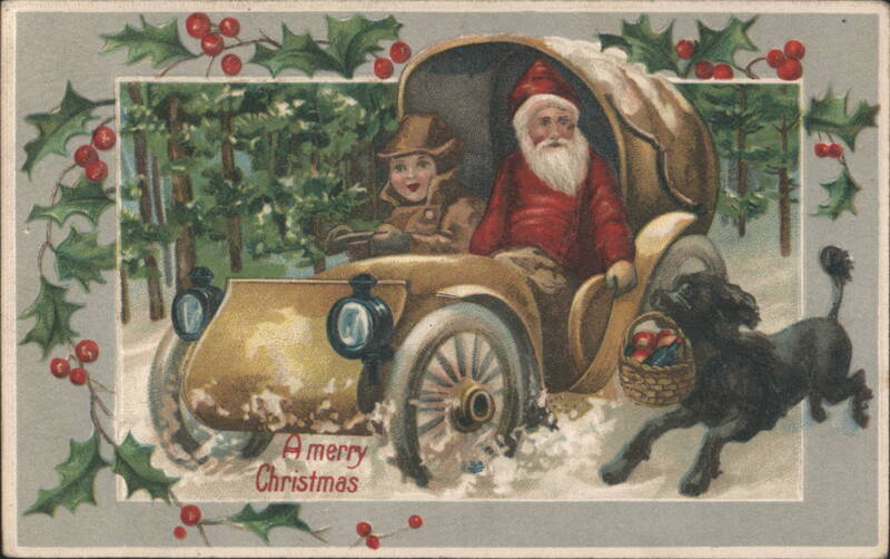 Santa Claus & Child Driving Car with Dog Helper, A Merry Christmas