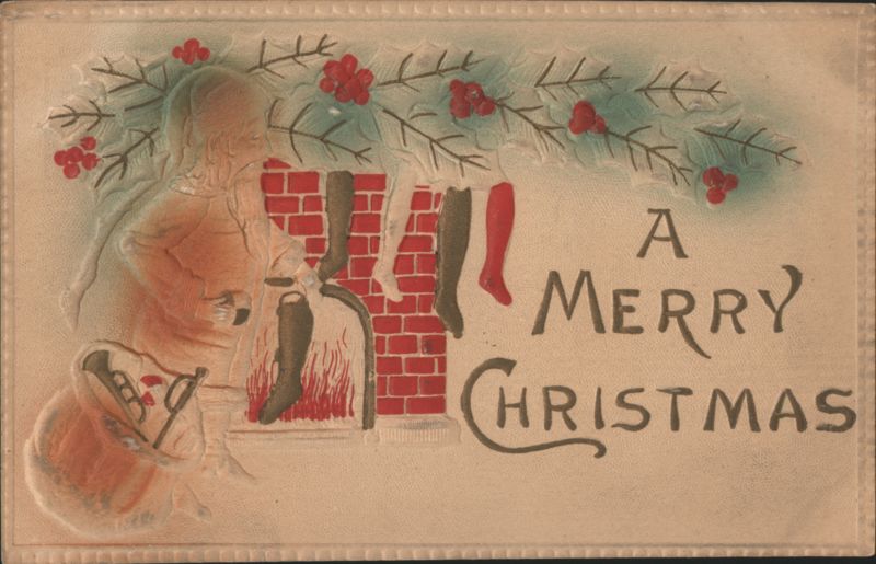 Child by Fireplace with Stockings, A Merry Christmas Greeting