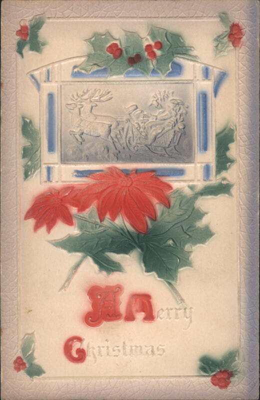 Embossed Christmas Card with Santa in Sleigh, Reindeer, Holly & Poinsettias