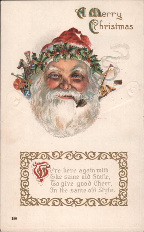 Santa Claus with Pipe, Holly Wreath & Toys, A Merry Christmas