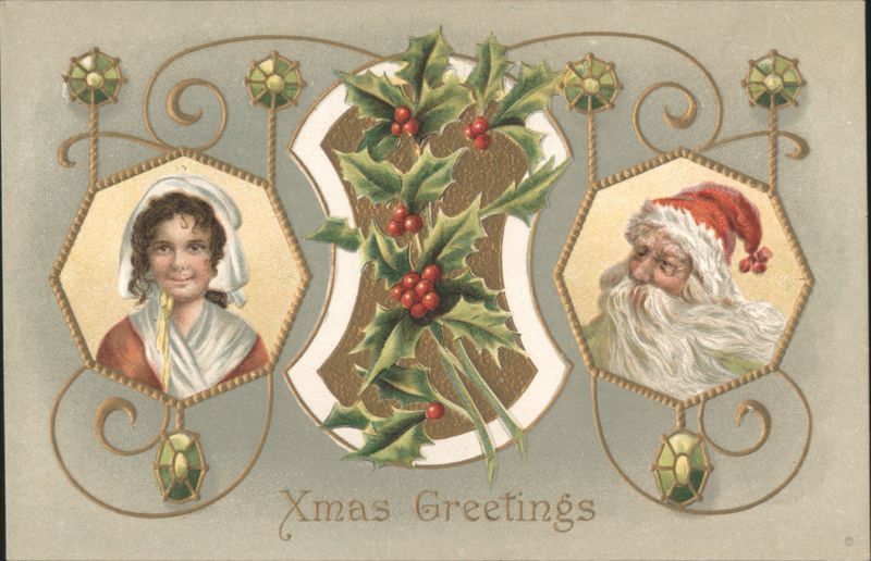 Xmas Greetings with Woman, Santa Claus, and Holly Design