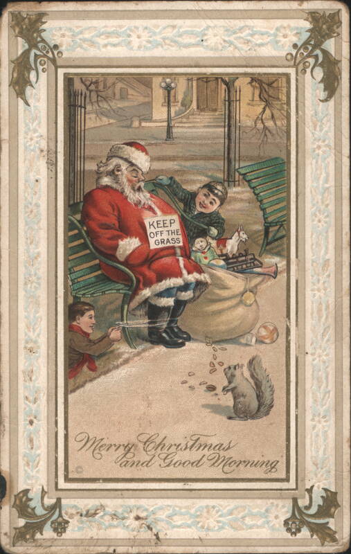 Santa Claus with Boys and Squirrel in Snowy Park, Keep Off the Grass Sign