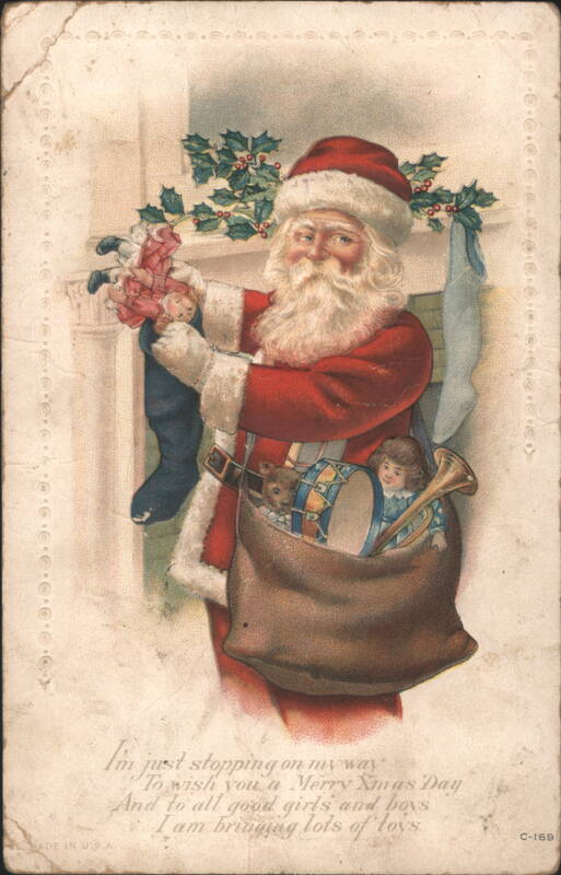 Santa Claus with Sack of Toys and Stocking, Merry Christmas Greeting