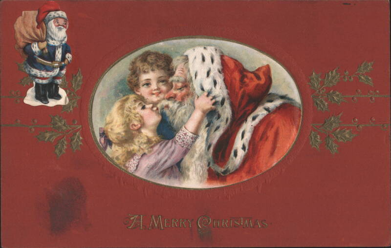 Santa Claus Embracing Two Children, A Merry Christmas Greeting