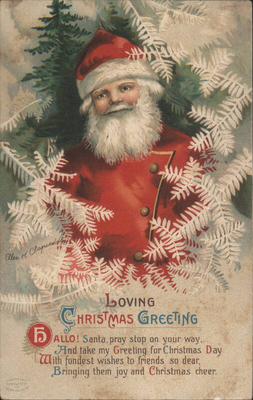 Santa Claus with Christmas Greeting and Pine Branches