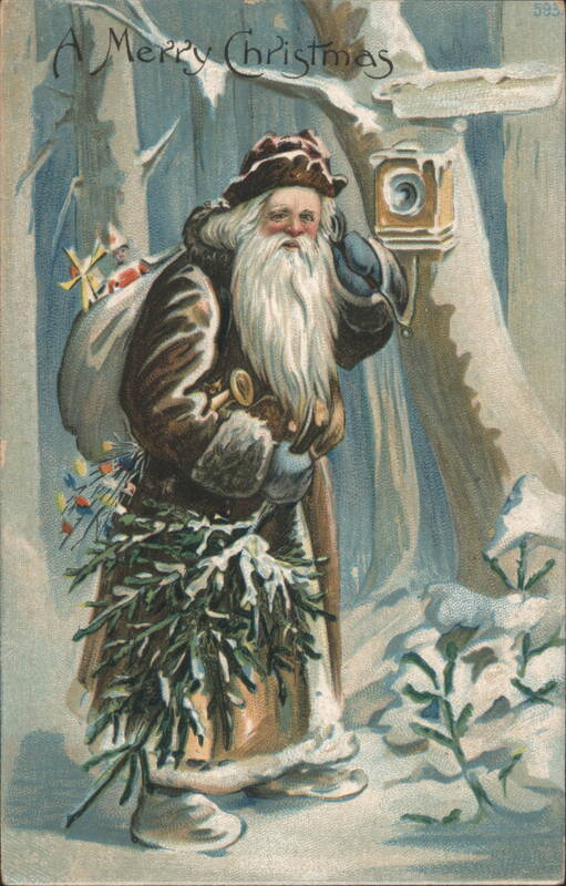 A Merry Christmas, Santa Claus in Snowy Woods with Toys