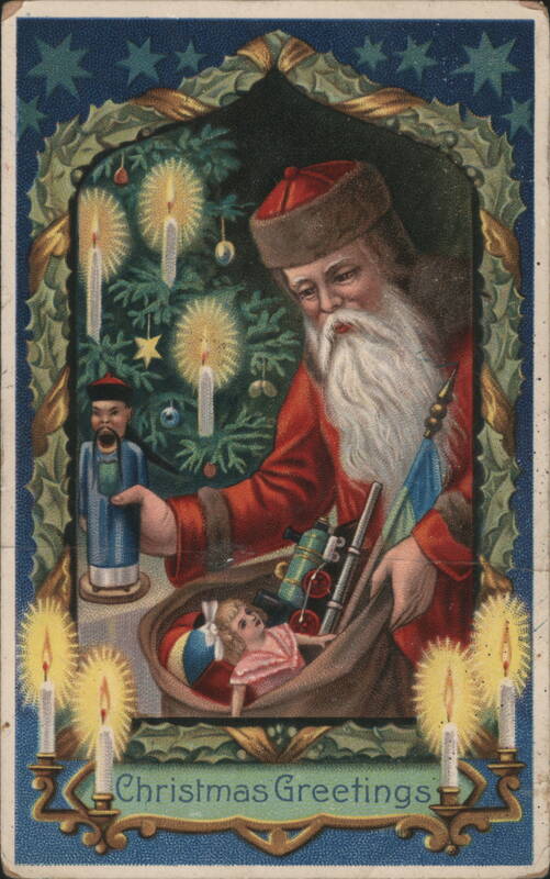 Santa Claus with Toys and Christmas Tree, Christmas Greetings