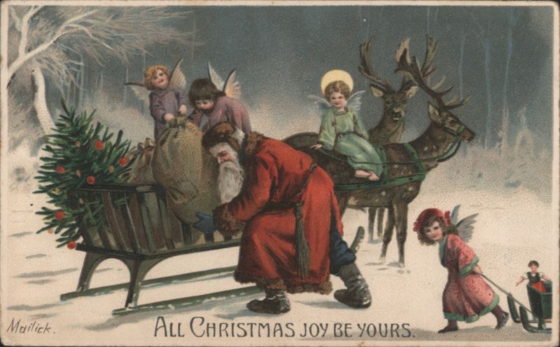 Santa Claus, Angels & Reindeer with Sleigh in Snowy Forest