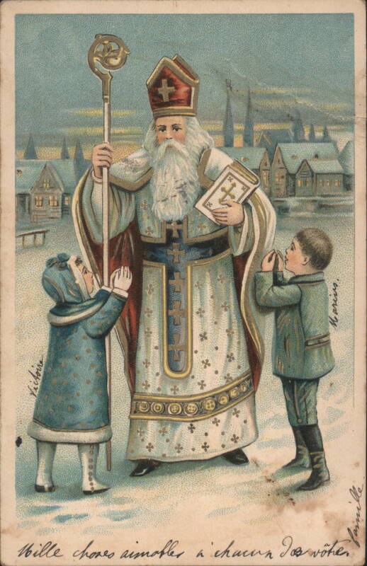 Saint Nicholas with Children in Snowy Village Victoria, Moriss