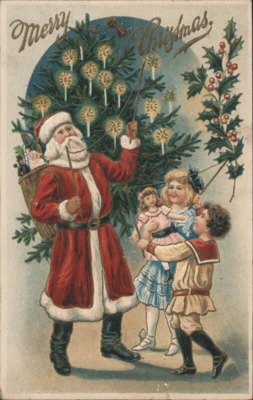 Santa Claus Lighting Christmas Tree with Children