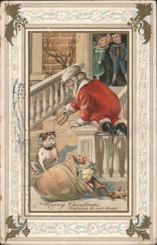 Santa Claus Giving Dog Biscuit to Dog, Children Watching