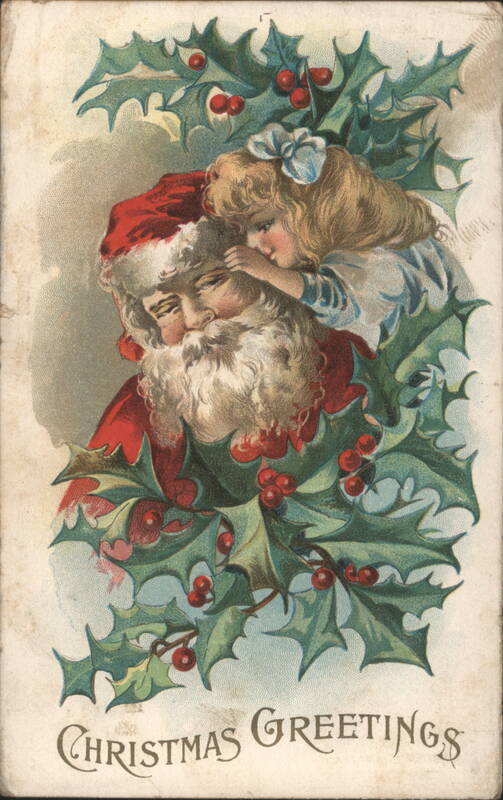 Santa Claus with Young Girl Whispering, Christmas Greetings
