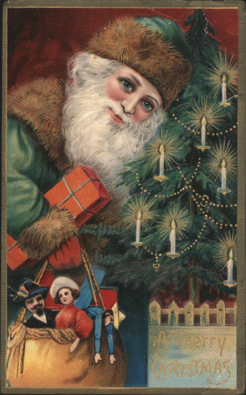 Santa Claus with Christmas Tree, Red Gift, and Sack of Toys