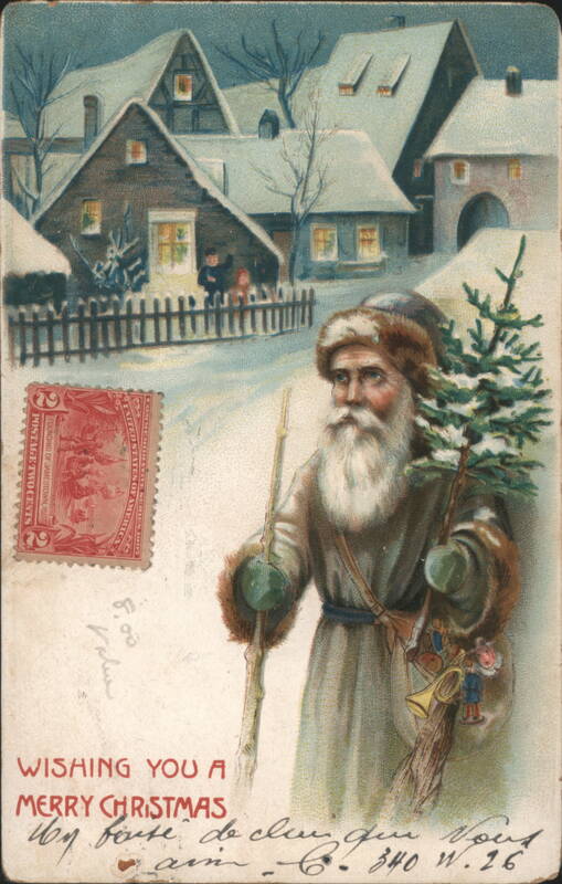 Old World Santa Claus in Snowy Village with Christmas Tree