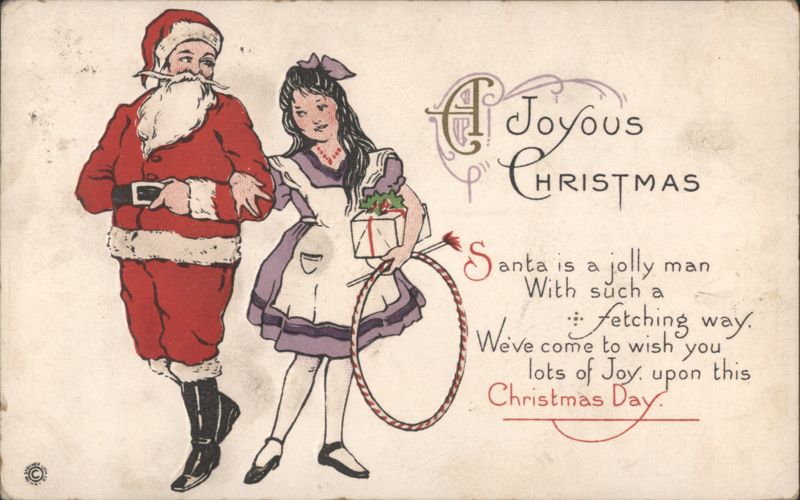 Santa Claus and Girl with Christmas Gift and Hoop, Joyous Christmas Greeting