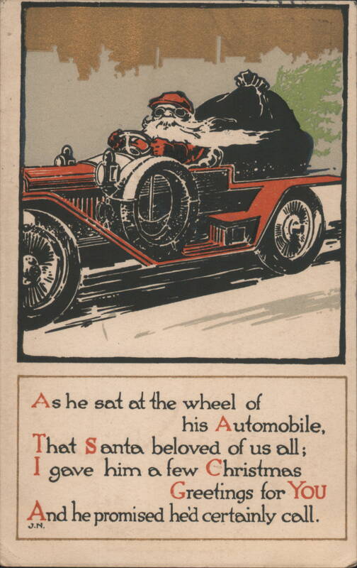 Santa Claus Driving Early Automobile with Christmas Greetings