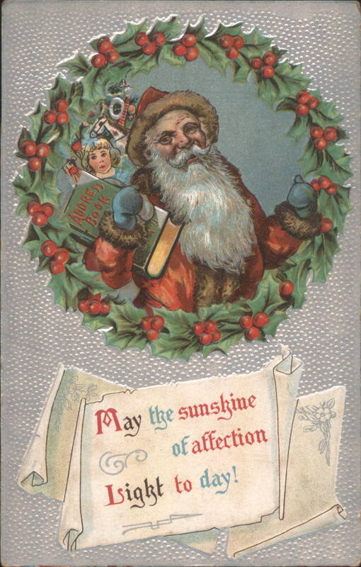 Santa Claus in Holly Wreath with Books, Child, Christmas Greeting