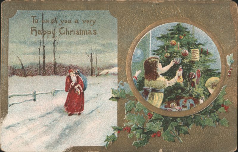 Santa Claus in Snow and Child Decorating Christmas Tree