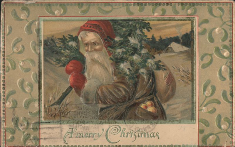 Santa Claus Carrying Christmas Tree and Gifts in Snowy Landscape