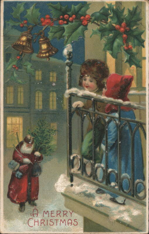 Christmas Santa Claus Delivering Tree, Children on Balcony