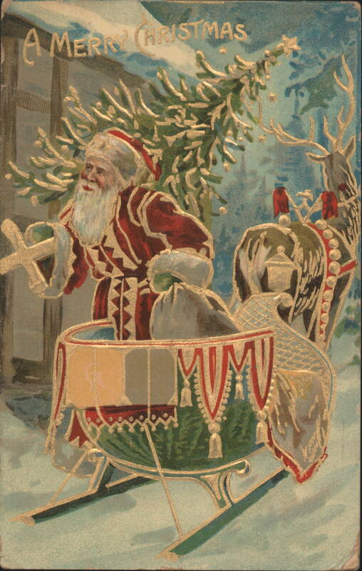 Santa Claus in Sleigh with Reindeer, Christmas Tree, A Merry Christmas
