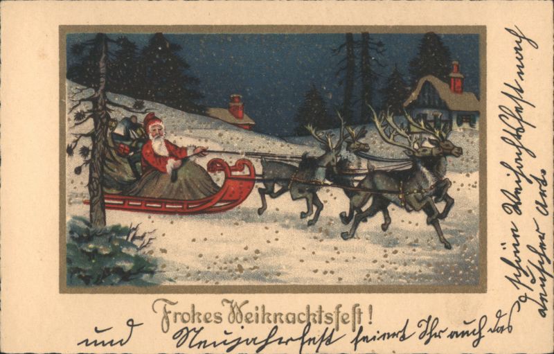 Santa Claus in Sleigh with Reindeer, Snowy Christmas Scene