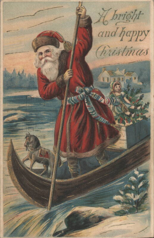 Santa Claus Poling Boat with Girl & Christmas Tree, A bright and happy Christmas