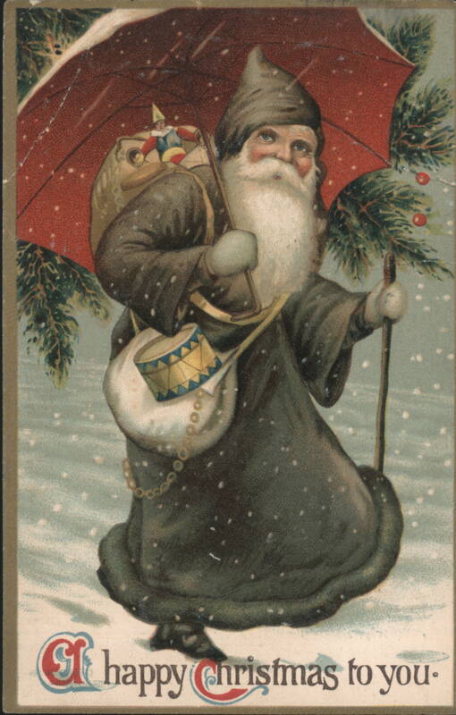 Santa Claus with Red Umbrella, Sack of Toys, and Drum in Snow