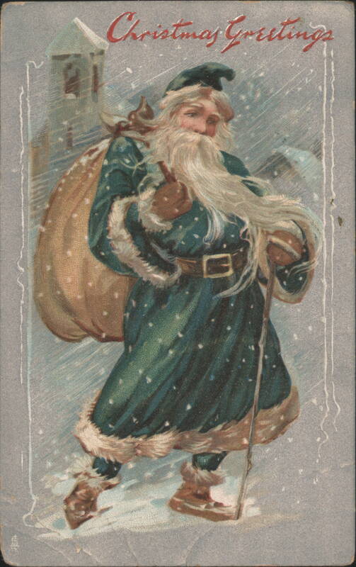 Christmas Greetings Santa Claus Walking in Snow with Sack