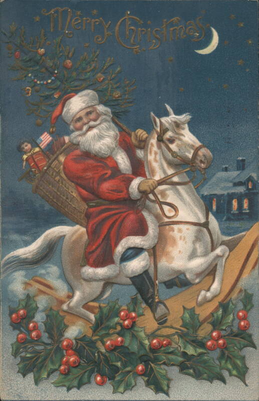 Merry Christmas Santa Claus Riding White Horse with Tree & Toys