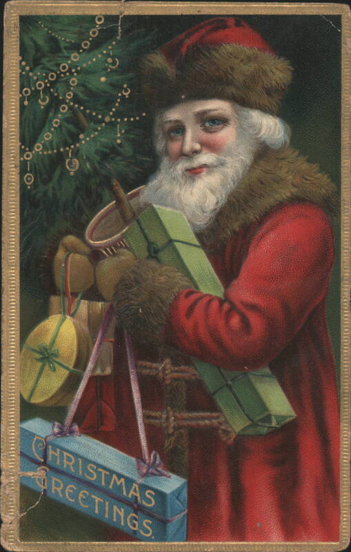 Santa Claus with Christmas Gifts and Decorated Tree