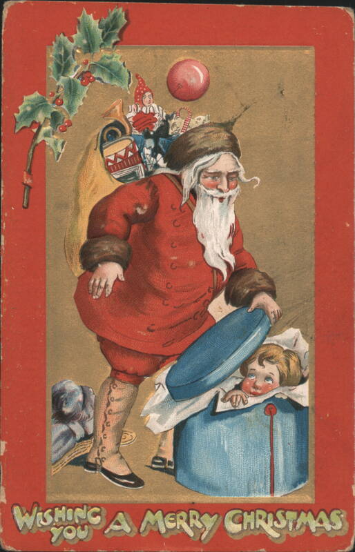 Wishing a Merry Christmas Santa Claus and Boy with Gifts