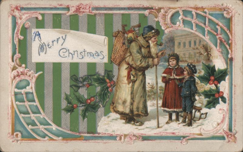Santa Claus with Children and Holly, Merry Christmas