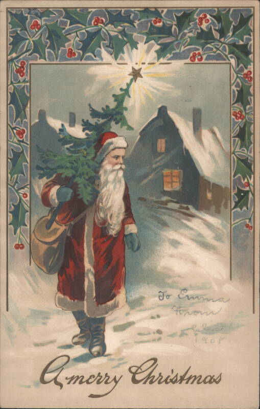 Santa Claus with Christmas Tree in Snowy Village, Holly Border