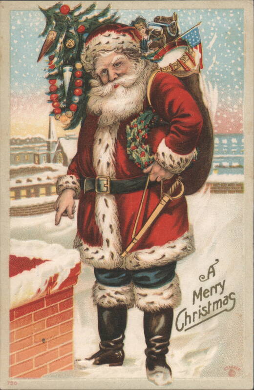 Santa Claus with Christmas Tree, Toys, and American Flag by Chimney
