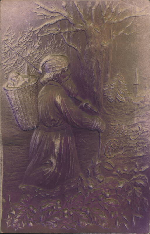 Embossed Merry Christmas, Figure Gathering Holly in Snowy Woods