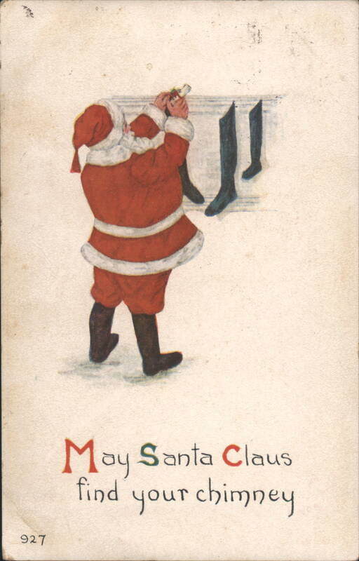 Santa Claus Looking Down Chimney with Stockings, Christmas Greeting