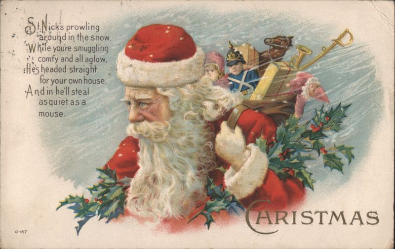 St. Nick Prowling in Snow with Toys, Christmas Poem