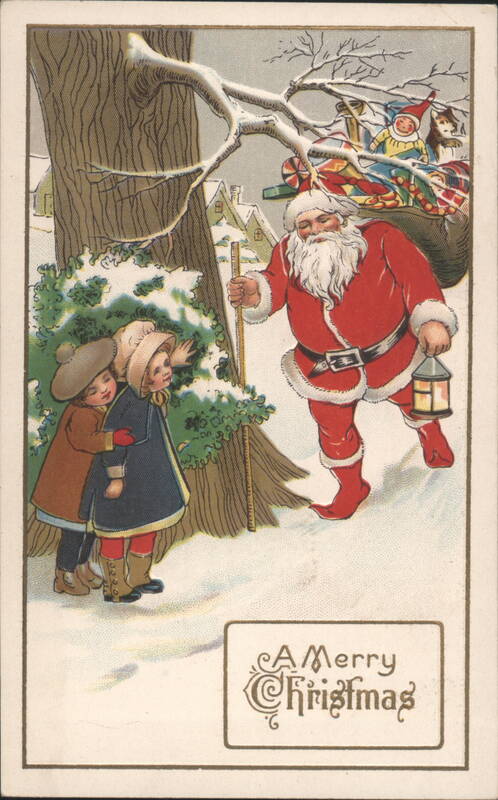 Santa Claus with Children in Snow, A Merry Christmas