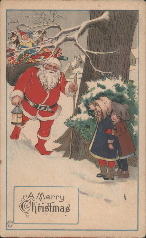 Santa Claus with Sack of Toys and Children in Snowy Landscape