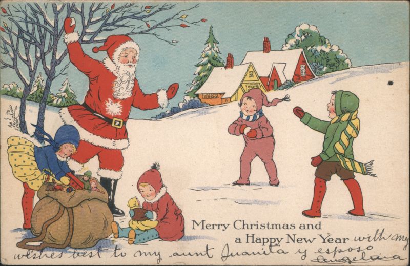 Santa Claus and Children in Snow, Merry Christmas & Happy New Year