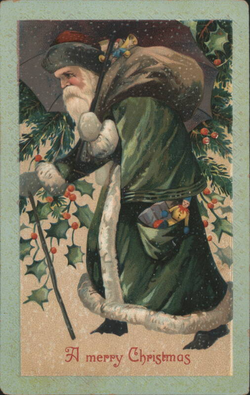 Merry Christmas Santa Claus with Umbrella, Sack of Toys, and Holly