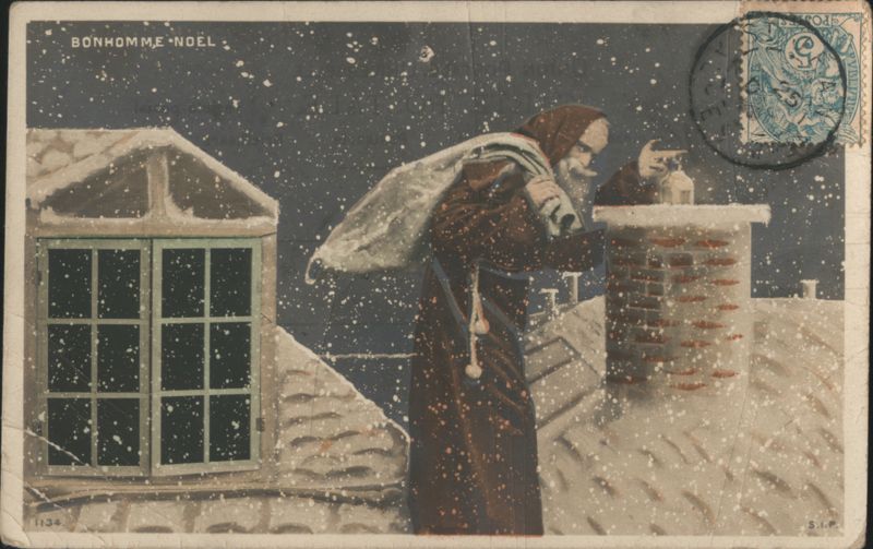 Bonhomme Noël on Snowy Rooftop with Chimney Santa Claus