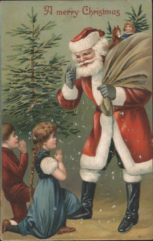 Santa Claus with Praying Children and Christmas Tree