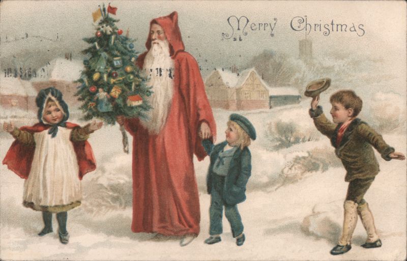 Santa Claus with Christmas Tree and Children in Snowy Village