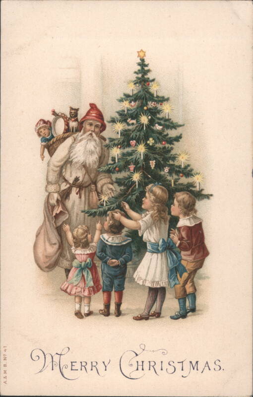 Santa Claus with Children Decorating Christmas Tree, Merry Christmas