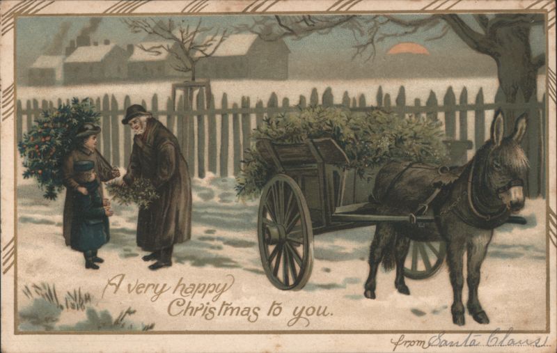 Christmas Scene with Man, Child, Donkey Cart, and Evergreens