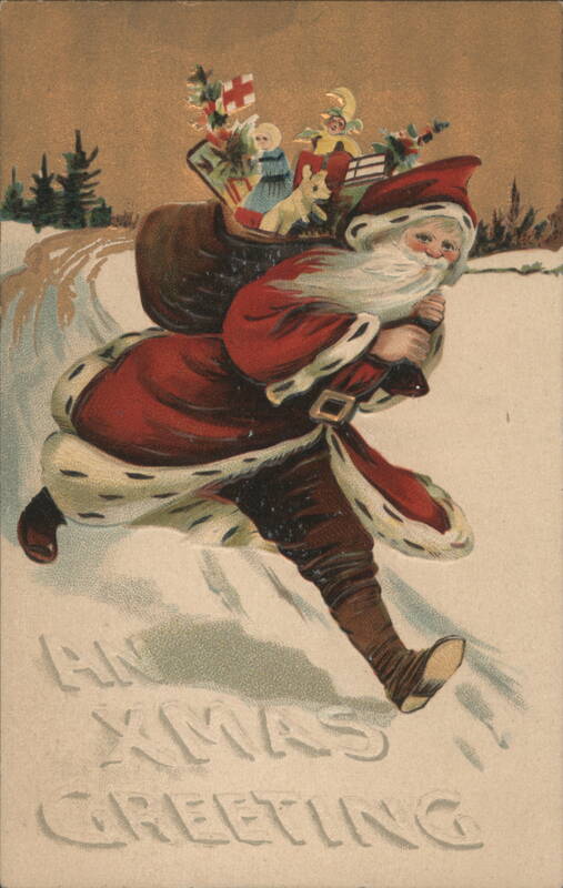 Santa Claus Running with Sack of Toys in Snow, Christmas Greeting