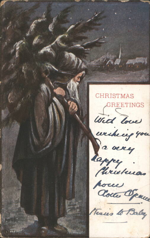 Santa Claus Carrying Christmas Tree in Snowy Village, D. H. Friston Art