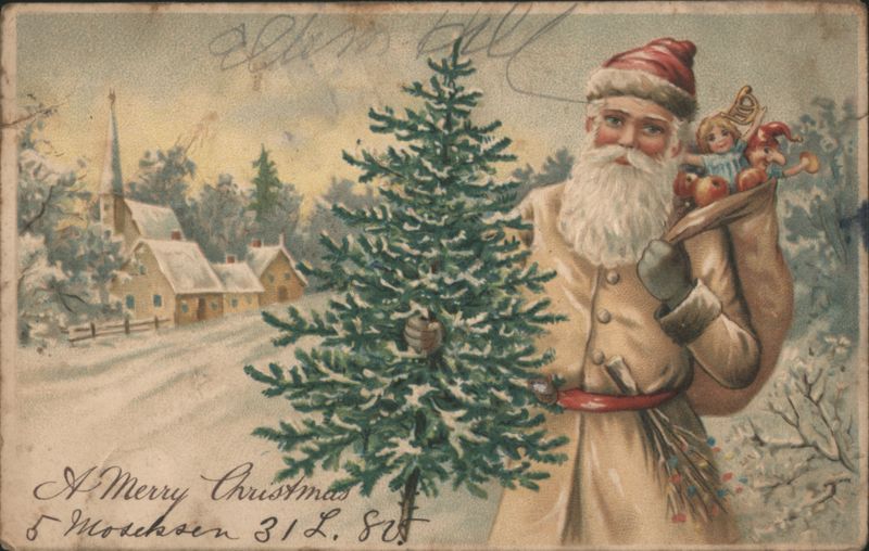 Santa Claus with Christmas Tree & Sack of Toys in Snowy Village